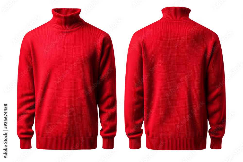 Poster soft red sweater front and back mock up with turtleneck and long sleeves isolated on transparent bac