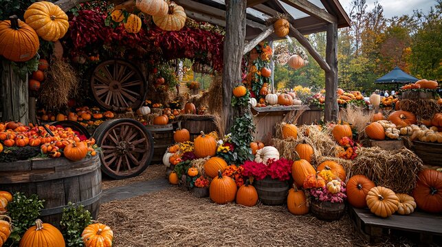 77. A vibrant autumn harvest festival with pumpkin displays, hay rides, and seasonal treats