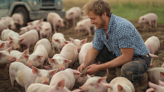 Farmer Feeding Piglets