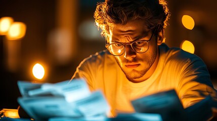 Obraz premium A young man in a dimly lit room, sitting at a cluttered desk with piles of unpaid bills, his face showing deep concern as he reviews his finances