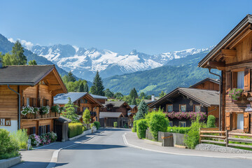 Obraz premium A charming Alpine village nestled in a valley surrounded by snow-capped mountains. Cozy chalets with wooden facades and flower boxes line the streets. The clear blue sky and crisp mountain air enhance