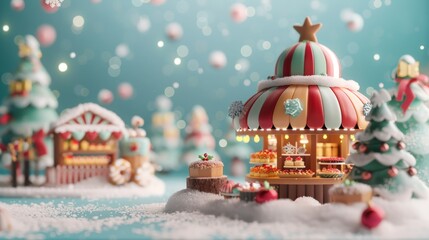 Festive Christmas bakery with snow and bokeh.