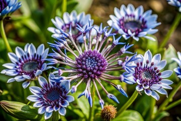 Vibrant macro shot of intertwined purple and blue flowers with delicate petals against a blurred, kaleidoscopic background, showcasing nature's stunning beauty and kaleidoscopic colors.