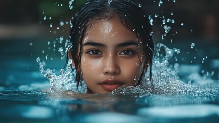 Fototapeta premium Woman with wet hair and a beautiful face looking at the camera from underwater with splashing water.