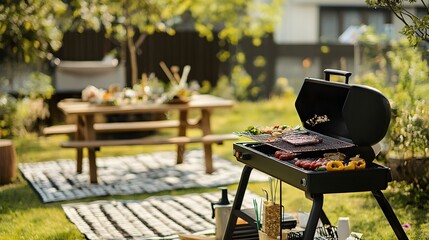 79. A cheerful summer barbecue with grilling, picnic tables, and outdoor games