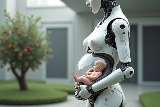 Artificial insemination and ectopic pregnancy. An android robot in whose belly is a baby behind glass screens. AI generative.