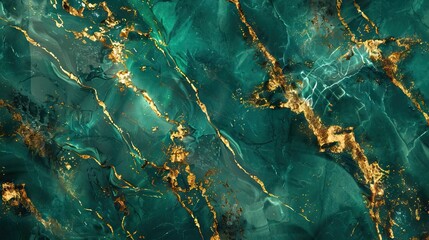 Processed collage of emerald green and gold marble texture. Background for banner, backdrop or texture for 3D mapping. AI generated illustration