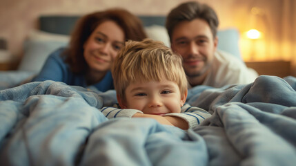 Fototapeta premium A small child and parents all together in bed at home in the evening.