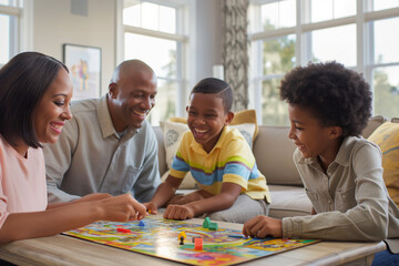 An engaging family game night in the living room. The family is gathered around a coffee table, playing board games. They are laughing, cheering, and enjoying each other's company. cozy room