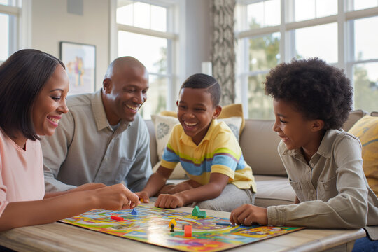 An engaging family game night in the living room. The family is gathered around a coffee table, playing board games. They are laughing, cheering, and enjoying each other's company. cozy room