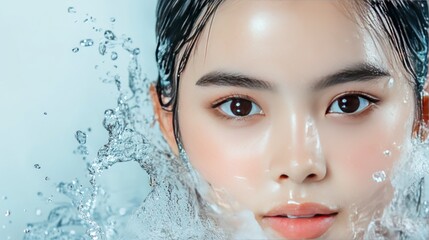 Close up of a young woman's face with water splashing around her.