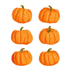 Postcard with pumpkins of different shapes set isolated on white background. Hand drawn simple autumn vector set