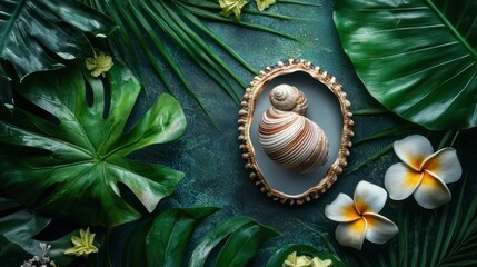 Obraz premium A detailed seashell inside a picture frame, surrounded by tropical leaves and flowers, with space for text.