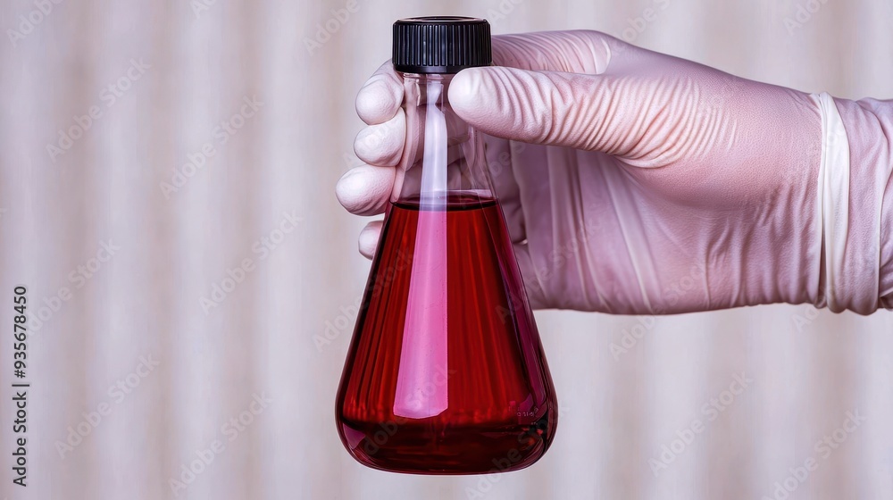 Poster a hand holding a flask filled with red liquid, symbolizing science, research, and experimentation in