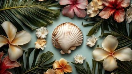 A detailed seashell inside a picture frame, surrounded by tropical leaves and flowers, with space for text.