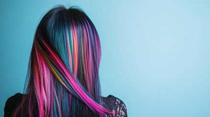 Back view of a woman with colorful streaks in her long, dark hair against a blue background.