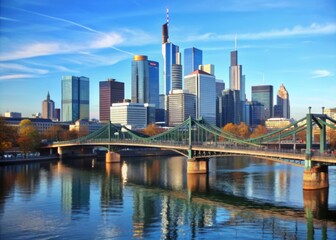 A city skyline with a bridge and a river in the background.