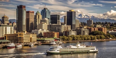 Fototapeta premium Majestic urban landscape featuring sleek skyscrapers, bustling waterfront, and majestic Olympic Mountains backdrop, with ferries and sailboats dotting the sparkling Puget Sound waters.