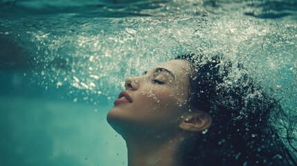 Woman's face submerged in clear water, surrounded by bubbles.
