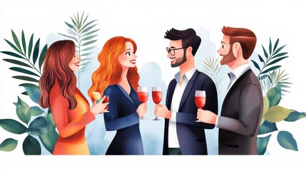 Illustration of four professional individuals socializing and enjoying a drink at a gathering, portraying friendly interactions and networking.