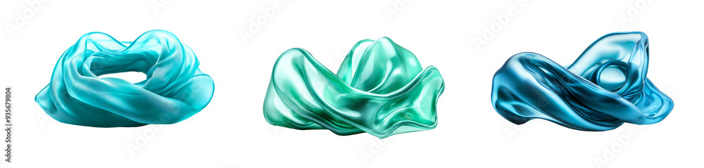 Poster a set of three colorful abstract fabric sculptures isolated on a transparent background, ideal for m