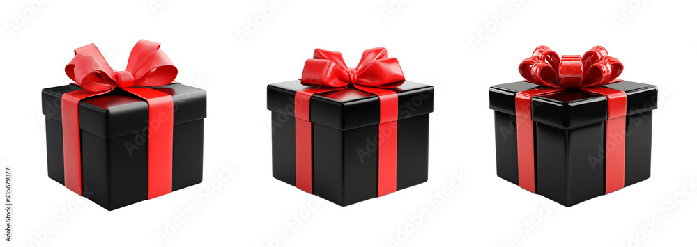 Canvas Prints Set of three black gift boxes with red ribbons isolated on transparent background, perfect for Christmas or birthday celebrations