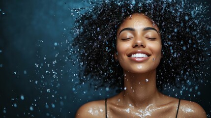 Obraz premium A beautiful young woman with curly hair is splashed with water and smiles at the camera.