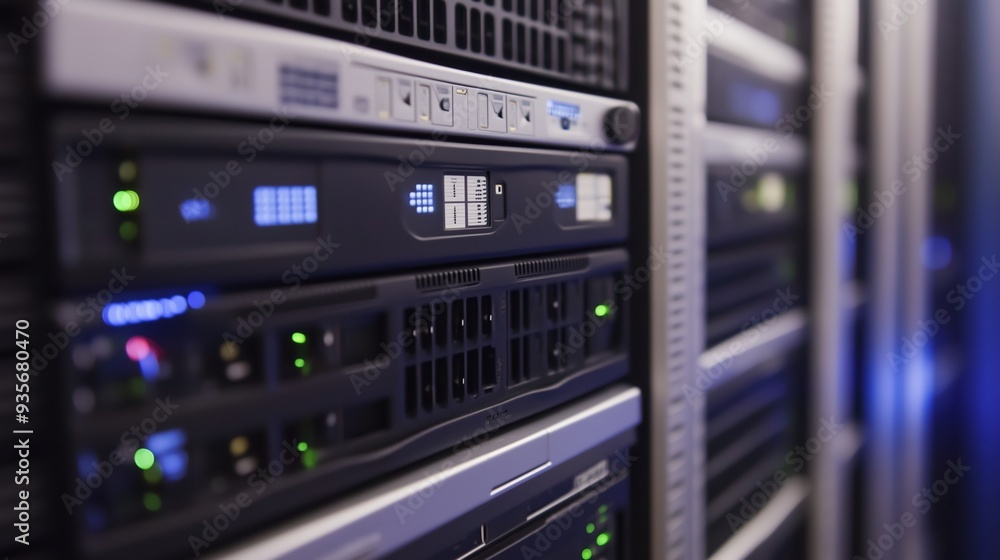 Poster close-up view of server racks in a data center showcasing technology and connectivity in action