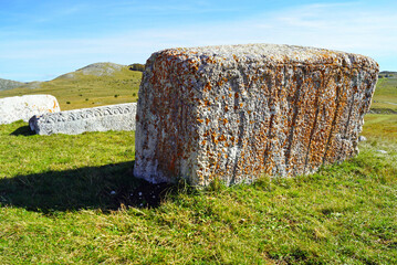 An ancient monolithic gravestone with relief - a landscape from a medieval cemetery from the UNESCO...