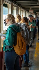 A group of travelers stands in line, eagerly awaiting their turn to board the ferry, holding onto their tickets while enjoying the day