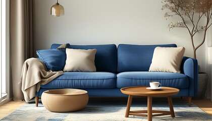 The warm living room scene, blue sofa and coffee cups are quiet and comfortable.