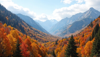 Autumn mountain view with vibrant trees and a clear sky