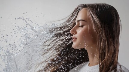Obraz premium Woman with long brown hair in a white top with water splashing around her face and hair.