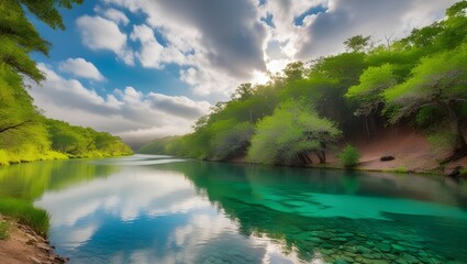 A serene river winding through a dense forest, with the water reflecting the greenery and the sky above