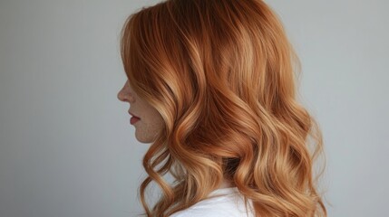 Fototapeta premium A woman with soft, wavy red hair stands sideways, showcasing her hairstyle and profile in a serene indoor environment.