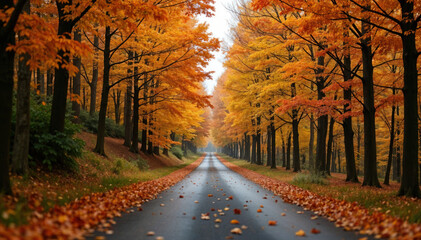 Autumn road trip through a forest with falling leaves