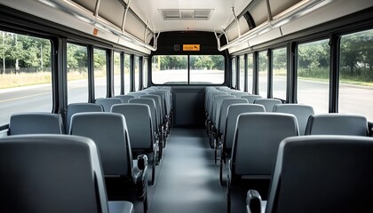 A photograph of the interior space inside an empty modern minibus with blue seats 