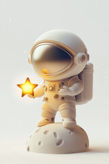 Naklejka premium A charming illustration of a small astronaut standing on the moon, holding a glowing star, evoking a sense of wonder and exploration. 