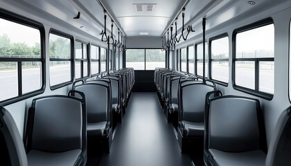 Fototapeta premium A photograph of the interior space inside an empty modern minibus with blue seats 