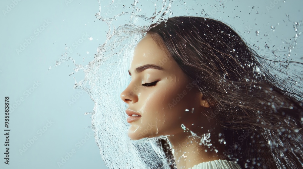 Sticker Young woman with long hair and flawless skin standing in a water splash.