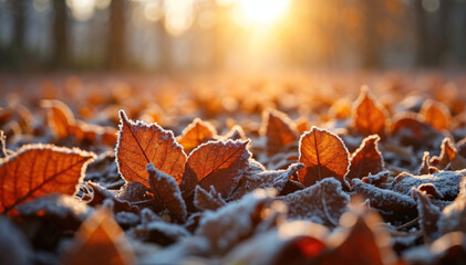 Crisp autumn morning with frost-covered leaves