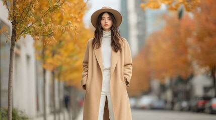 Elegant Fall Ensemble: Stylish Long Coat and Ankle Boots Against a Warm Autumn Backdrop of Golden Leaves - Powered by Adobe