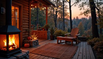 Fototapeta premium Cozy autumn cottage with a warm fireplace at dusk