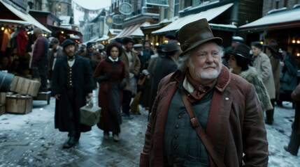 Ancient England. People on the street in woolen clothes on the street in winter