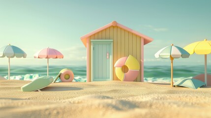 Summer Beach Hut with Colorful Accessories.