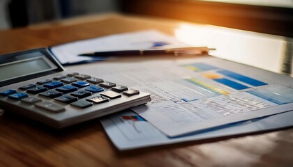 Financial documents and a calculator on a desk, symbolizing accounting, finance, and budgeting.