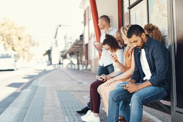 Outdoor, cellphone and waiting for bus, people and row for travel in morning, serious and New York....