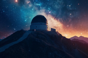 Obraz premium A silhouette of an observatory stands against the backdrop of a vivid Milky Way galaxy, highlighting the beauty of astronomy. 