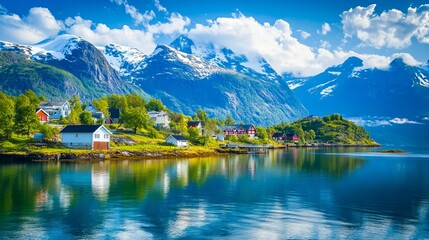 Fototapeta premium A small town on the shore of a body of water with mountains in the background