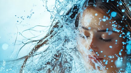 Fototapeta premium Close-up of a woman's face with water splashing around her.
